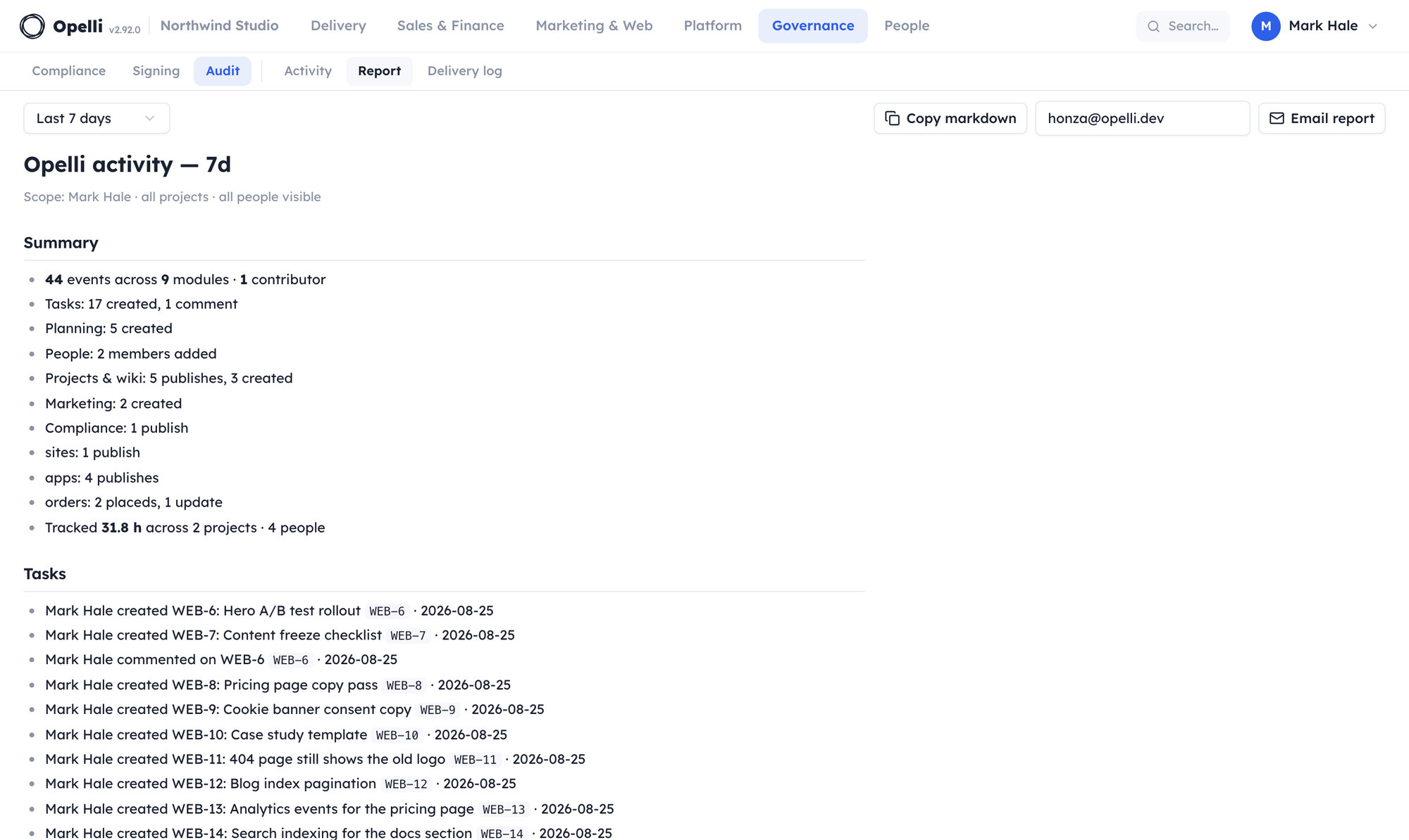 Pohled Report v modulu Audit: časové období vykreslené jako dokument v Markdownu, seskupené po modulech a projektech, s akcemi kopírování a odeslání e-mailem.
