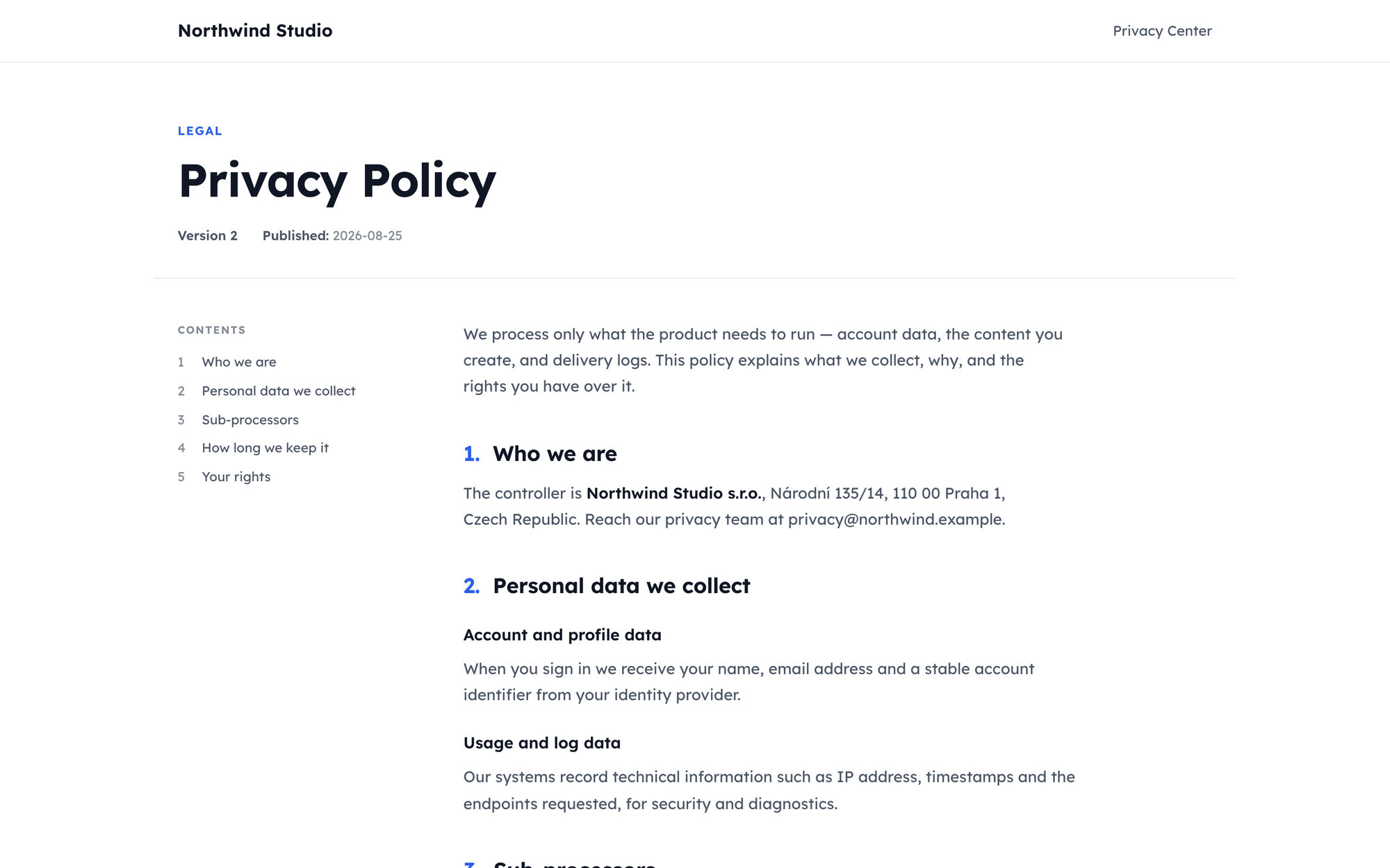 Publikované zásady ochrany osobních údajů v Privacy Center: název a verze dokumentu, plovoucí obsah sestavený z nadpisů a číslované sekce.