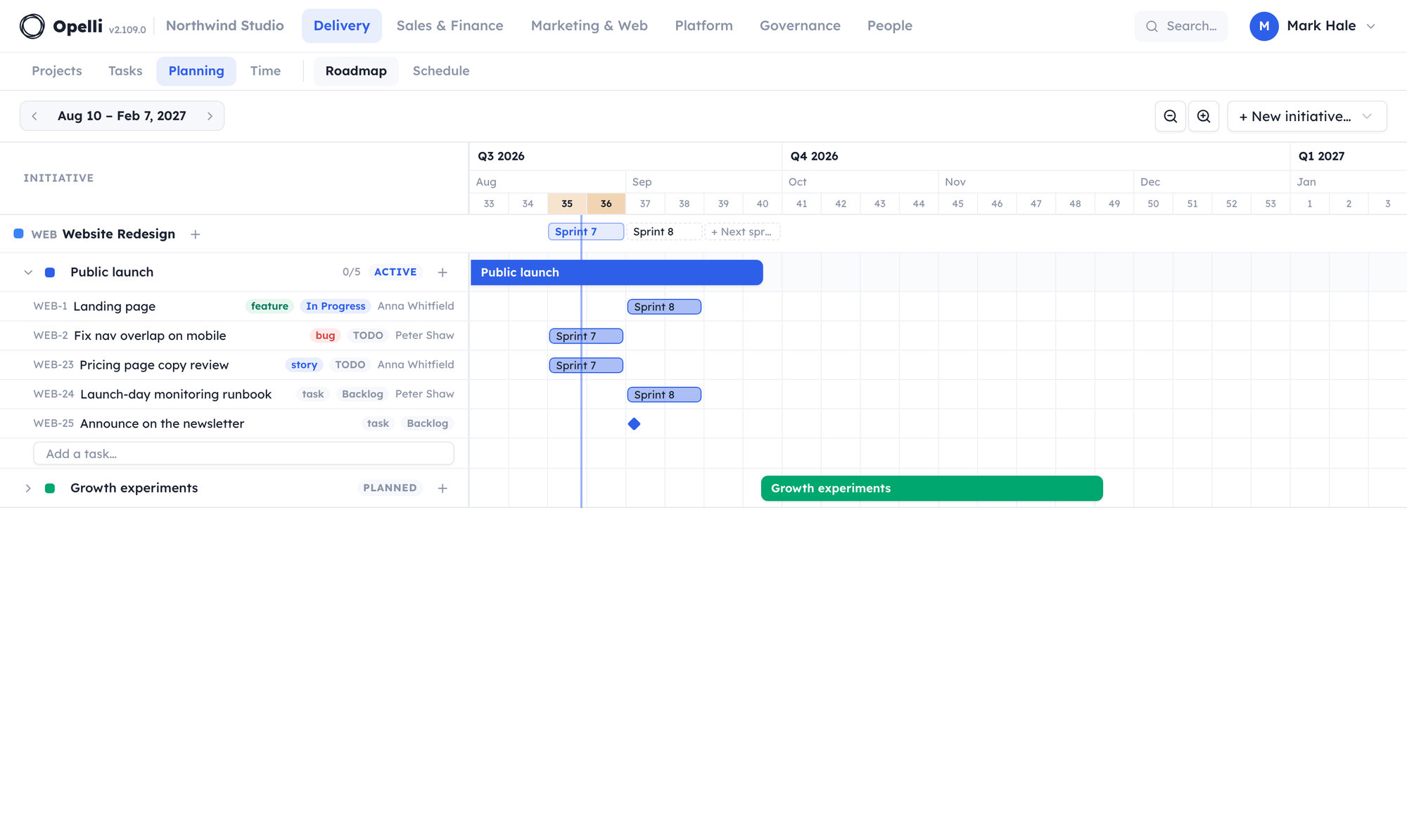 The Roadmap with an initiative expanded: its tasks listed with type, status and owner, each drawn as a bar over its sprint or a marker on its due day, the project’s sprints above as a strip with a dashed slot for the next one, and an “Add a task…” row at the bottom.