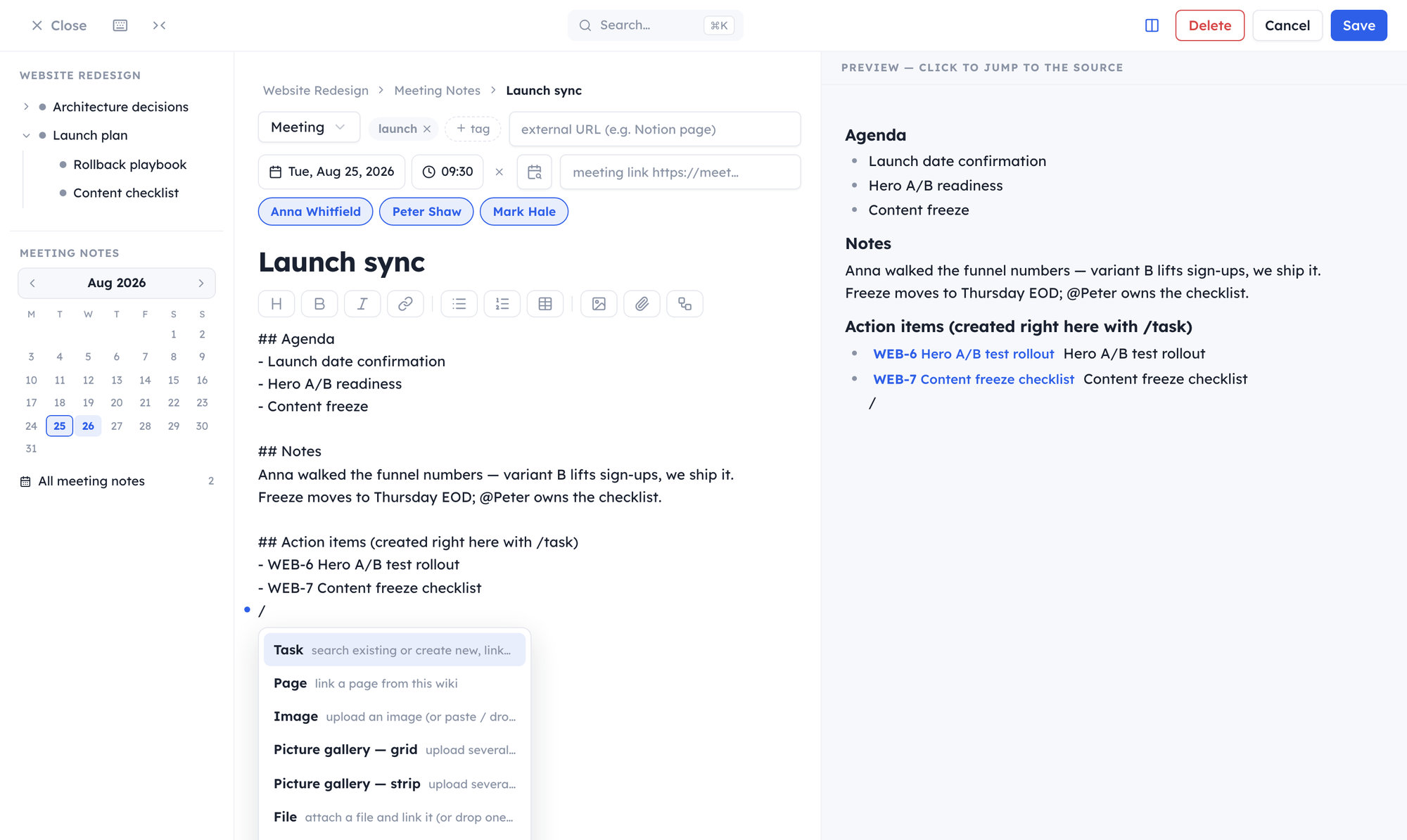 Editor wiki na zápisu z porady: štítky účastníků, text v Markdownu a menu pro vložení úkolu, stránky, obrázku nebo diagramu.